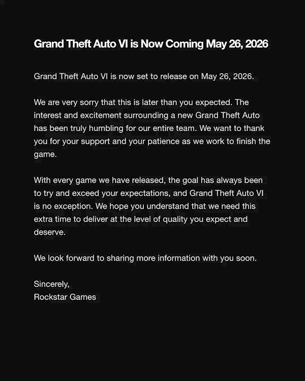 老玩家跳脚！《GTA6》官宣跳票！延期至2026年5月26日发售